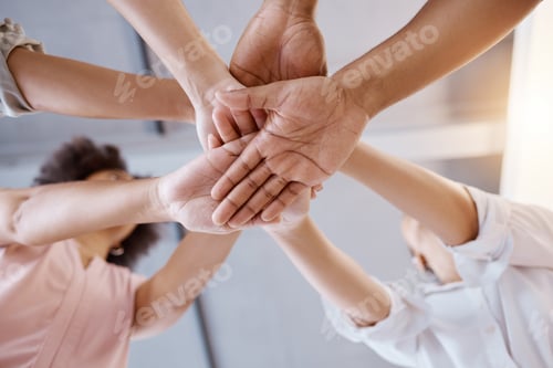 Preview: Teamwork, stack of hands and business people together in solidarity, collaboration and community. D
