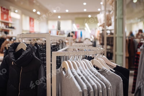 Preview: Stylish clothes on a hanger in a store. New collection of coats