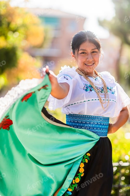 Preview: Hispanic woman dancing with traditional dress celebrating national festivity. Dia de la hispanidad