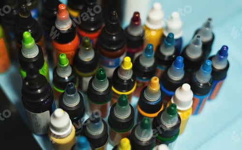 Preview: Multiple Bottles With Colorful Inks For Tattoo, Closeup. Equipment For Making Tattoo