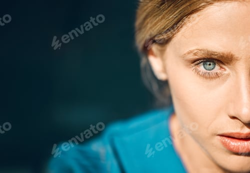 Preview: Blue eyes, woman or face with vision, innovation idea or planning in security, humanity or safety.