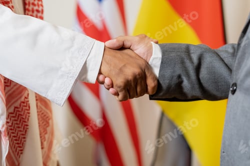 Preview: Handshake of political partners or foreign delegates against flags