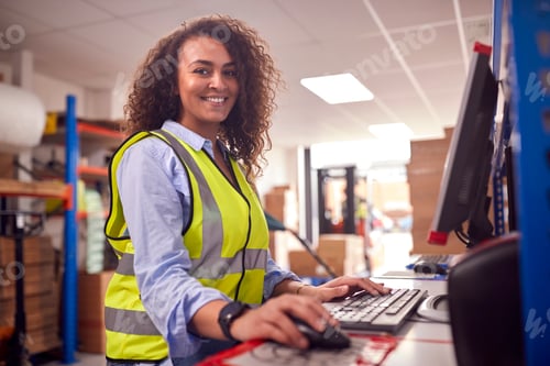Preview: Portrait Of Female Worker In Busy Modern Warehouse Working On Computer Terminal