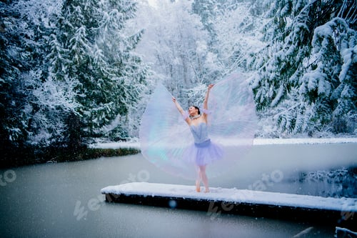 Preview: A ballerina in a lavender tutu poses on a snowy dock by a frozen lake surrounded by trees. WA, USA