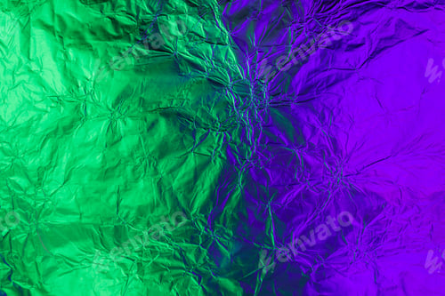 Preview: Violet green deformed background made of neon lights foil. Trendy duotone texture