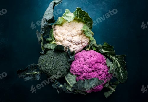 Preview: Food background with white and lilac cauliflowe and broccoli cabbage from local farm market