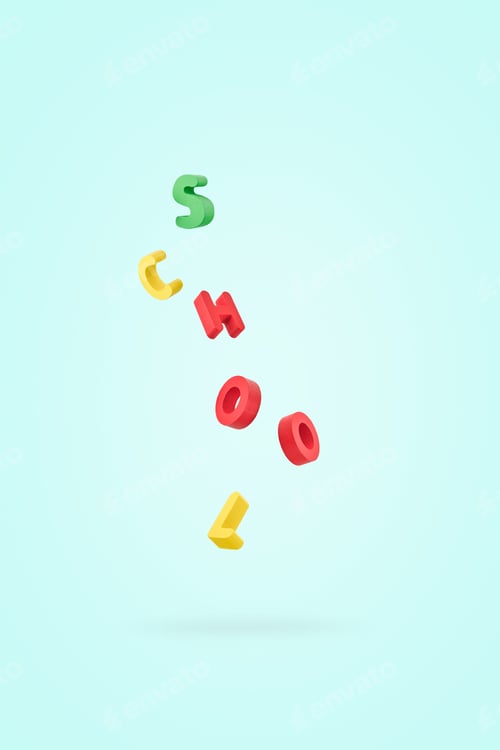 Preview: School word made from flying colorful letters on blue background. Back to school concept from volume