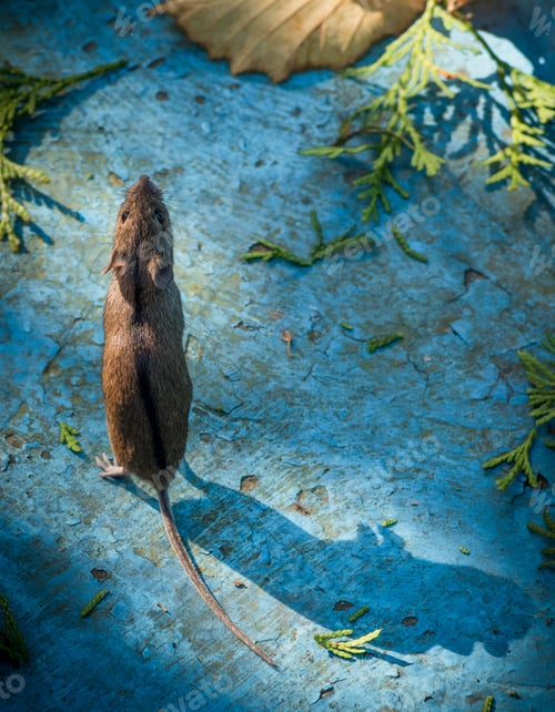 Preview: Wild Mouse Standing on Cracked Blue Surface Outdoors