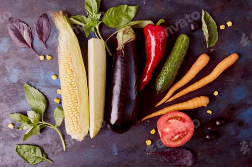 Preview: Aesthetic composition of healthy Plant-based FODMAP, Paleo, Mediterranean diet food.