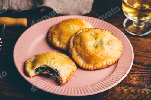 Preview: Oven Baked Pastries with Blue Chives and Mushrooms. One with Bite Taken Out of It