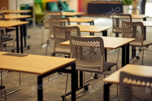 Preview: Empty Desks and Chairs in a Bright Office