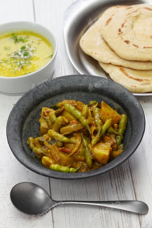 Preview: Sengri aloo ki sabzi, simmered radish pods & potatoes with spices, indian cuisine