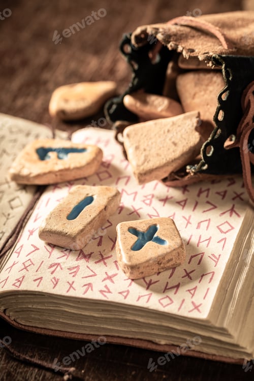 Preview: Rune stones made of ancient language and vintage book