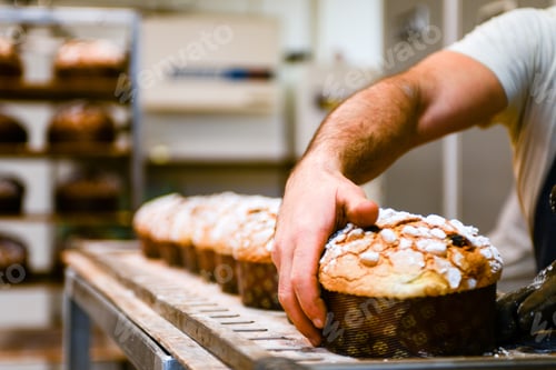 Preview: pastry baker artisan baking small group of italian panettone sweet bread typical for christmas time