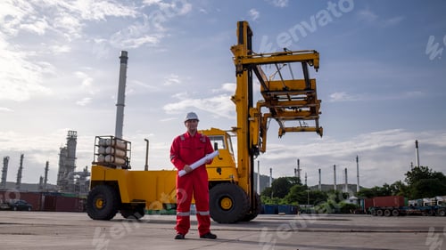 Preview: Engineer or worker standing forklift or truck vehicle are holding detail and appear to be discussing