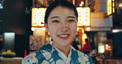 Preview: Japanese woman, kimono or happy in portrait at night, city or religion on heritage celebration. You