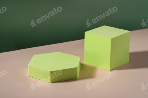 Preview: Podium pedestal for cosmetic product packaging on green background. Showcase for jewellery