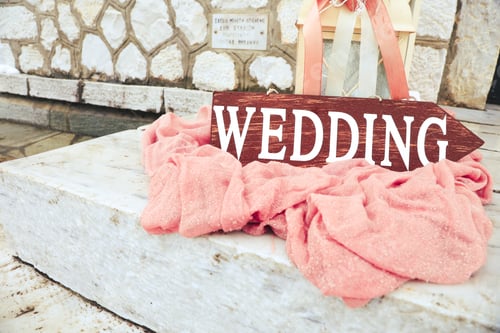 Preview: Wedding Decoration on Stony Stairs With Wooden Arrow Wedding.