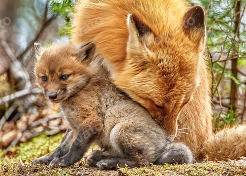 Vista previa: Hermosa foto de una madre zorra roja arreglando su kit en el bosque en un día soleado con fondo borroso
