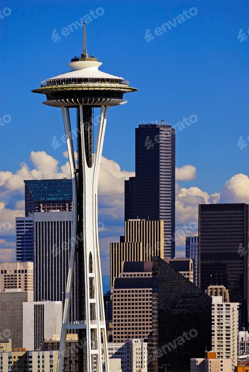 Preview: Space Needle and high rise buildings in Seattle city skyline, Washington, United States