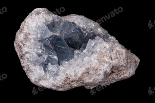 Preview: Celestine mineral stone macro on microcline on black background