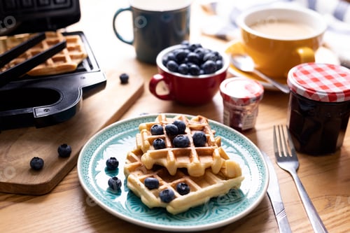 Preview: morning - bright breakfast with Belgian waffles