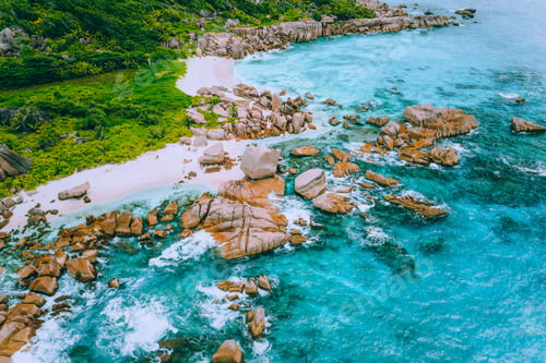 Preview: Aerial drone photo of group of rocks on tropical hidden secret beach Marron at La Digue island