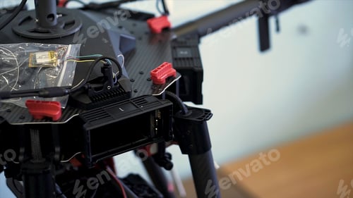 Preview: Close up for hands putting battery into the quadcopter, filming preparation. Clip. Drone setup