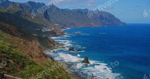 Preview: Spectacular view on rocky coast and village, Almaciga beach in Tenerife, The Canaries. Spain. Spring