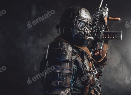 Preview: Grimy hunter with gas mask and custom gun in dark background