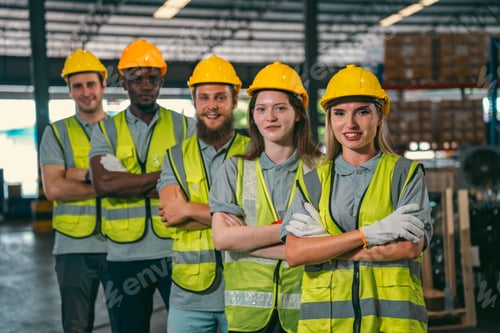 Preview: Group of various national engineer professional successful team corporate workers in factory