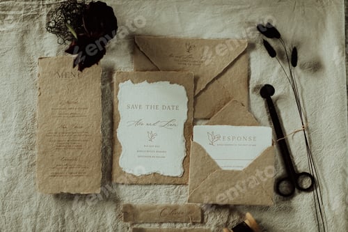 Preview: Wedding stationery set lying on a table with dried flower and scissors