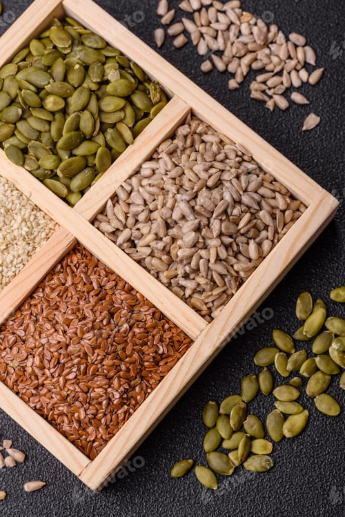 Preview: Flax, pumpkin, sunflower, and sesame seeds, ingredients for healthy eating