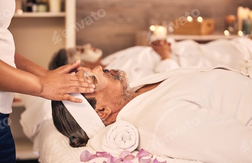 Preview: Health, facial massage and senior man at a spa for wellness, self care and zen treatment. Relax, ca
