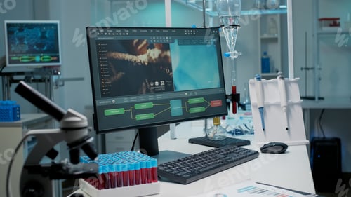 Preview: Empty laboratory with dna animation on computer