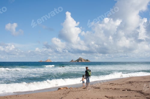 Preview: Unrecognizable Father and son from behind at the beach looking at waves at sea