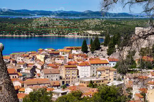 Preview: Aerial view of the Sibenik, Croatia. Beautiful old city of Sibenik, town center and adriatic sea