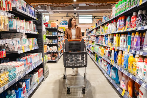 Preview: a woman with a cart walks between rows of shelves in a grocery store
