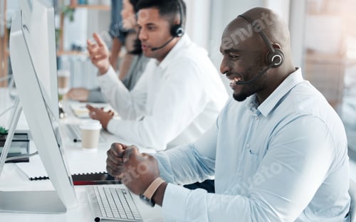 Preview: Success, consulting and call center with black man at computer for deal, customer service and telem