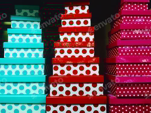 Preview: Colorful Polka Dot Gift Boxes Stacked for Celebration
