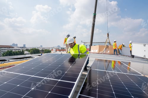 Preview: Team technicians carrying photovoltaic solar moduls on roof of factory.