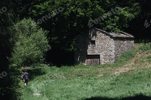 Preview: Group of hikers walking near a stone cottage in the middle of a beautiful forest