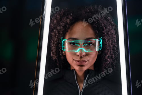Preview: Metaverse digital cyber world technology, young woman with smart glasses, futuristic lifestyle
