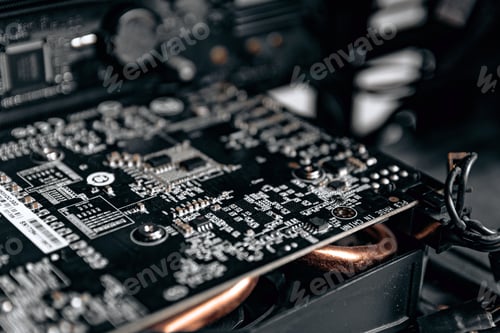 Preview: Close-up photo of dark circuit board of graphics card in desktop computer.