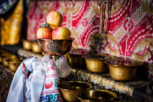 Preview: Buddhist offerings. Thiksey monastery. Ladakh, India