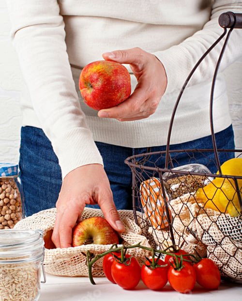 Preview: Plastic free concept - fresh vegetables and fuits in textile bags and backet