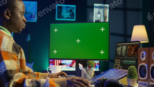 Preview: Video maker editing montage clips on coloring software next to mockup