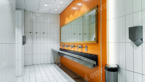 Preview: Public empty restroom with washstands mirror