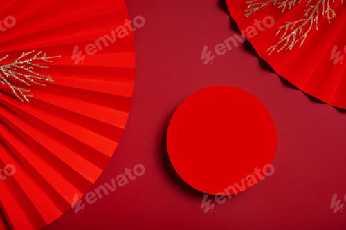 Preview: Mock up podium round stage or pedestal and paper fans Chinese new year symbol top view