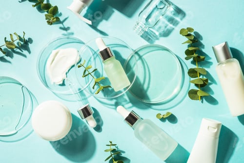 Preview: Eucalyptus cosmetic, cosmetic laboratory at blue background.